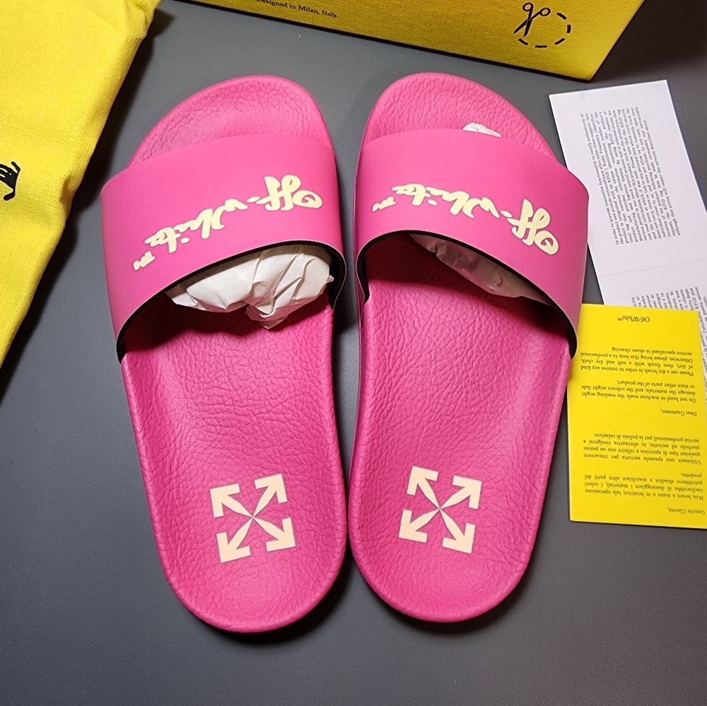 Off-White Kids Pool Slide Fuchsia Yellow Script Logo - Picture 4 of 12
